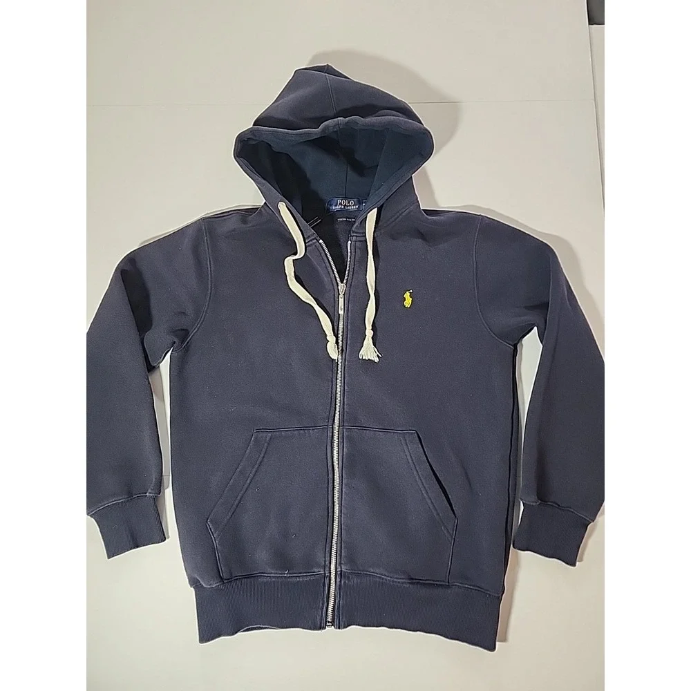 Vtg Polo Ralph Lauren Full Zip Hoodie Medium Navy Blue Yellow Logo Slim Fit